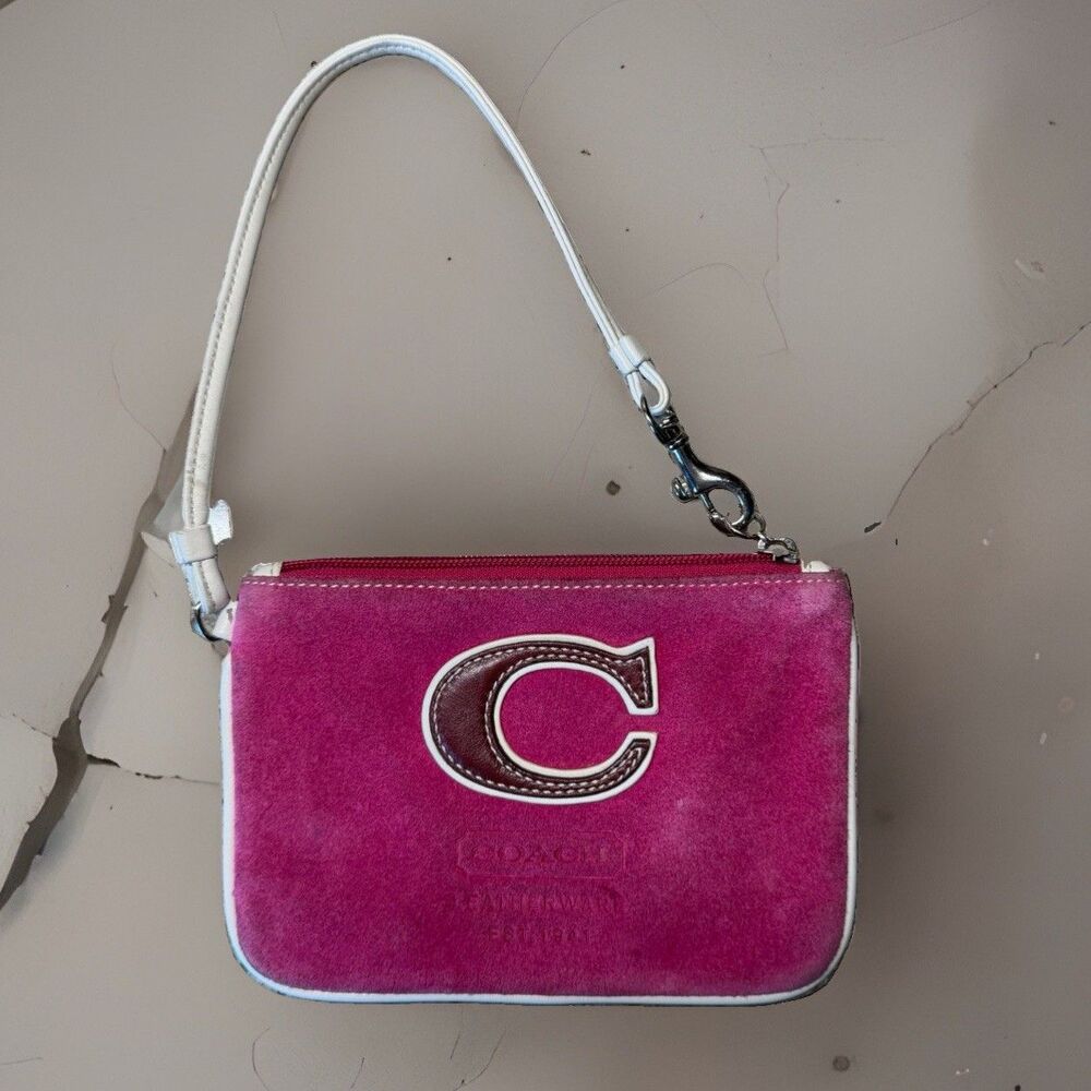 Vintage Y2K Coach Pink Suede Leather Signature C Wristlet Clutch Pouch Bag